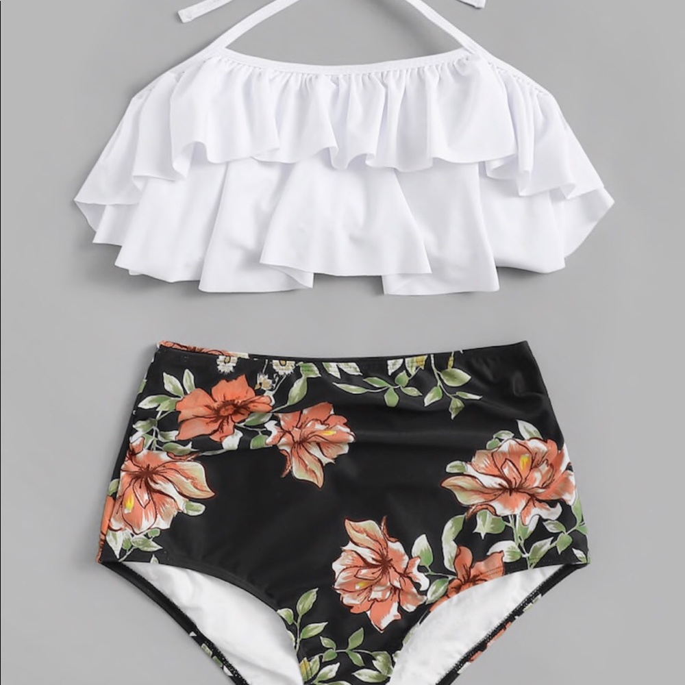 Ruffled Halter Top with Floral High Waist Bikini